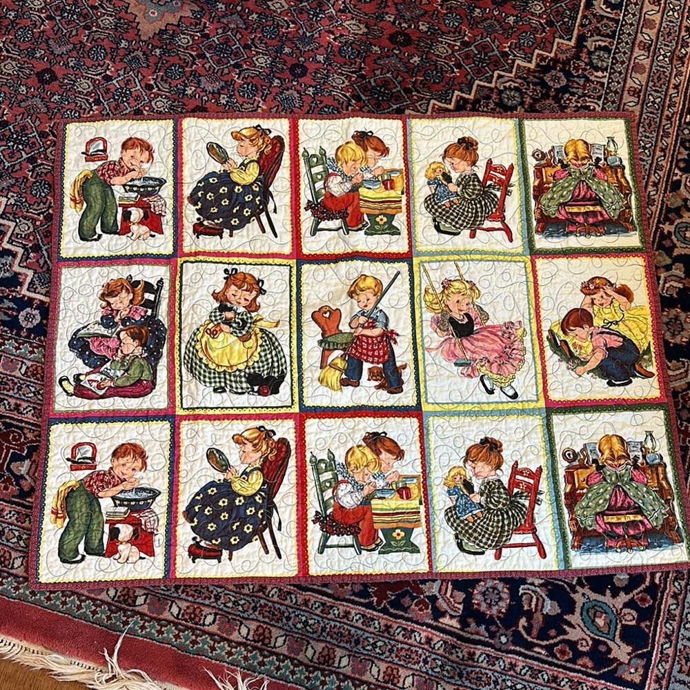 Vintage Storybook Quilt with Colorful Illustrations
